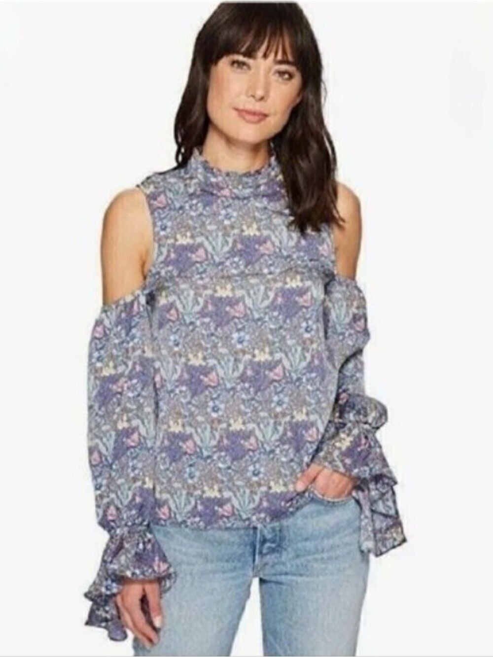 Anthropologie Bishop + Young Cold Shoulder Ruffle High Neck Blue Floral Blouse